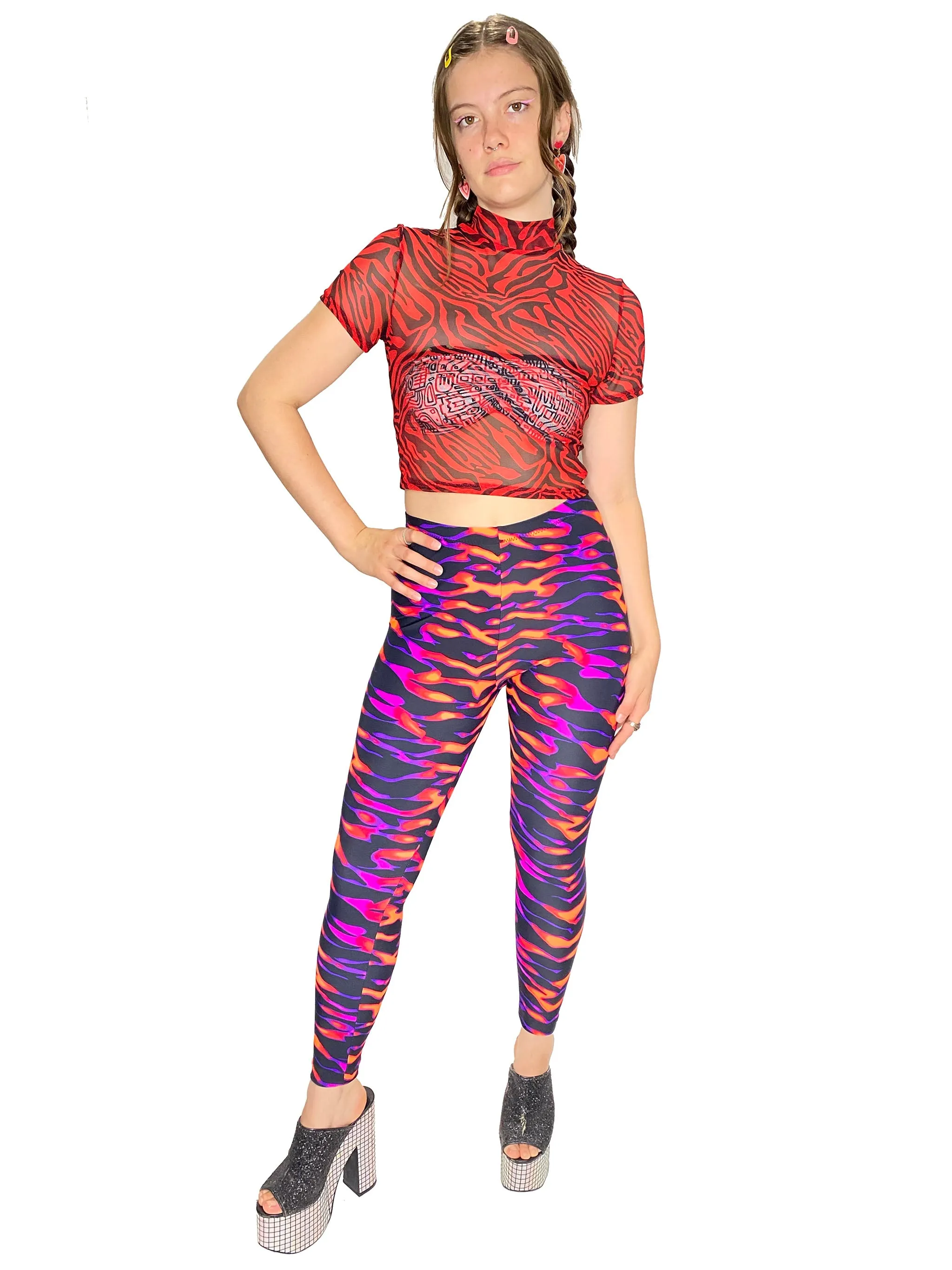 Red Zebra Mesh Mock Crop Top