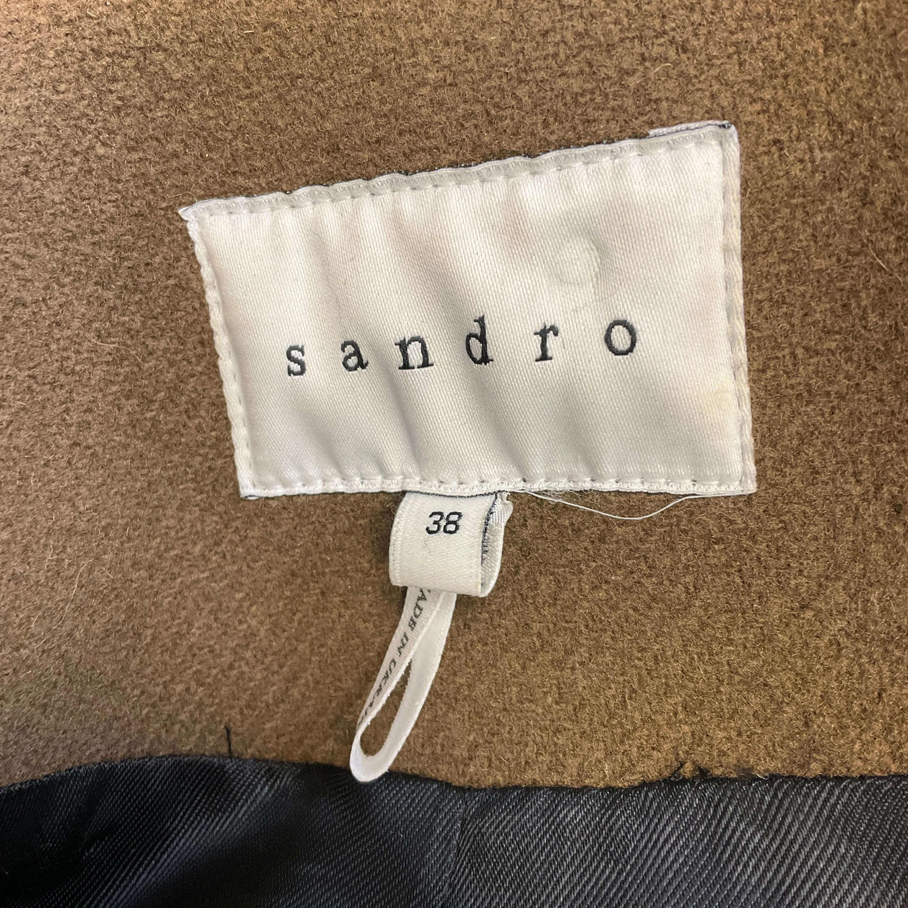Sandro Brown / Black Lambskin Leather Trimmed Wool Coat
