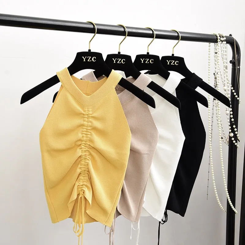 Sexy Lace Up Drawstring Ruched Crop Top Stretch Sleeveless V Neck Slim knitted