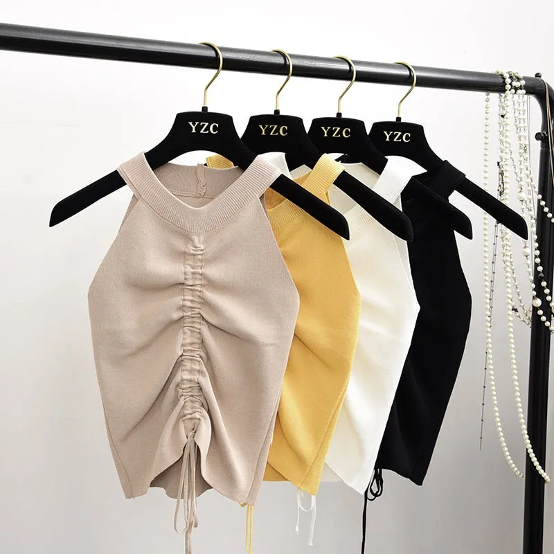 Sexy Lace Up Drawstring Ruched Crop Top Stretch Sleeveless V Neck Slim knitted