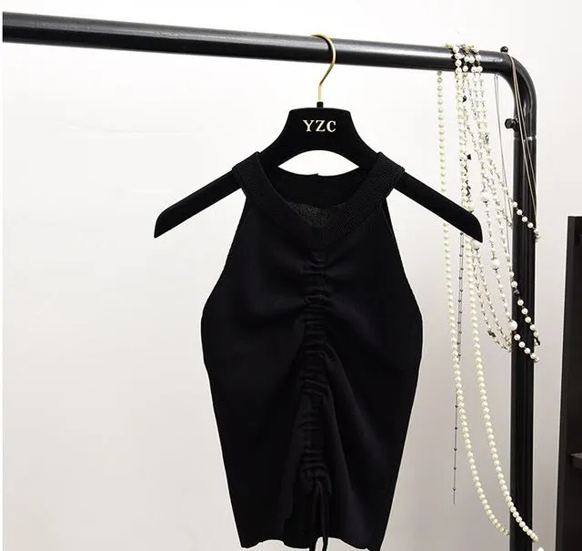 Sexy Lace Up Drawstring Ruched Crop Top Stretch Sleeveless V Neck Slim knitted