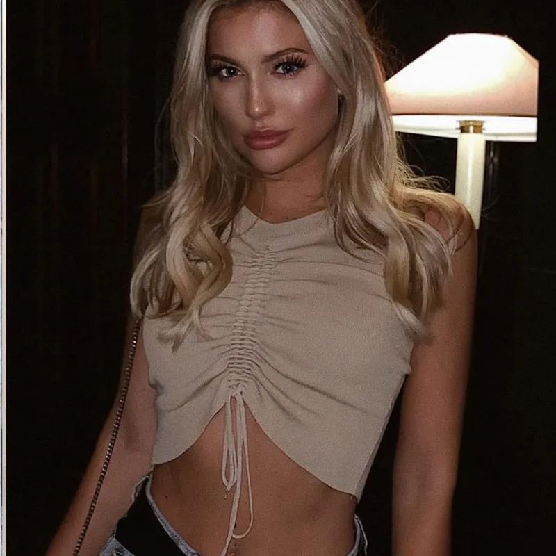 Sexy Lace Up Drawstring Ruched Crop Top Stretch Sleeveless V Neck Slim knitted