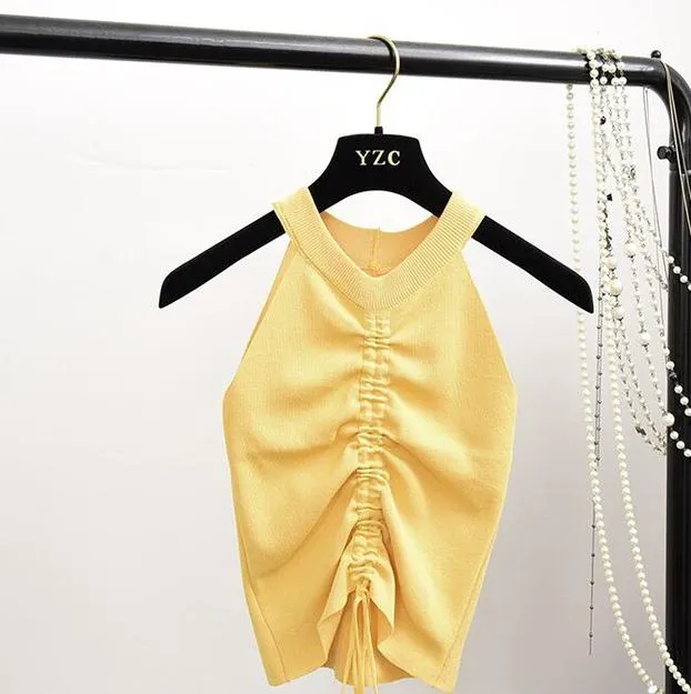 Sexy Lace Up Drawstring Ruched Crop Top Stretch Sleeveless V Neck Slim knitted