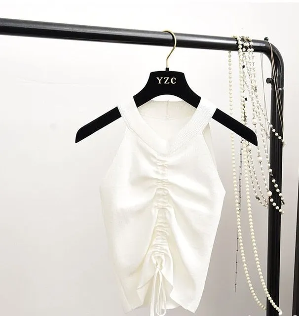 Sexy Lace Up Drawstring Ruched Crop Top Stretch Sleeveless V Neck Slim knitted