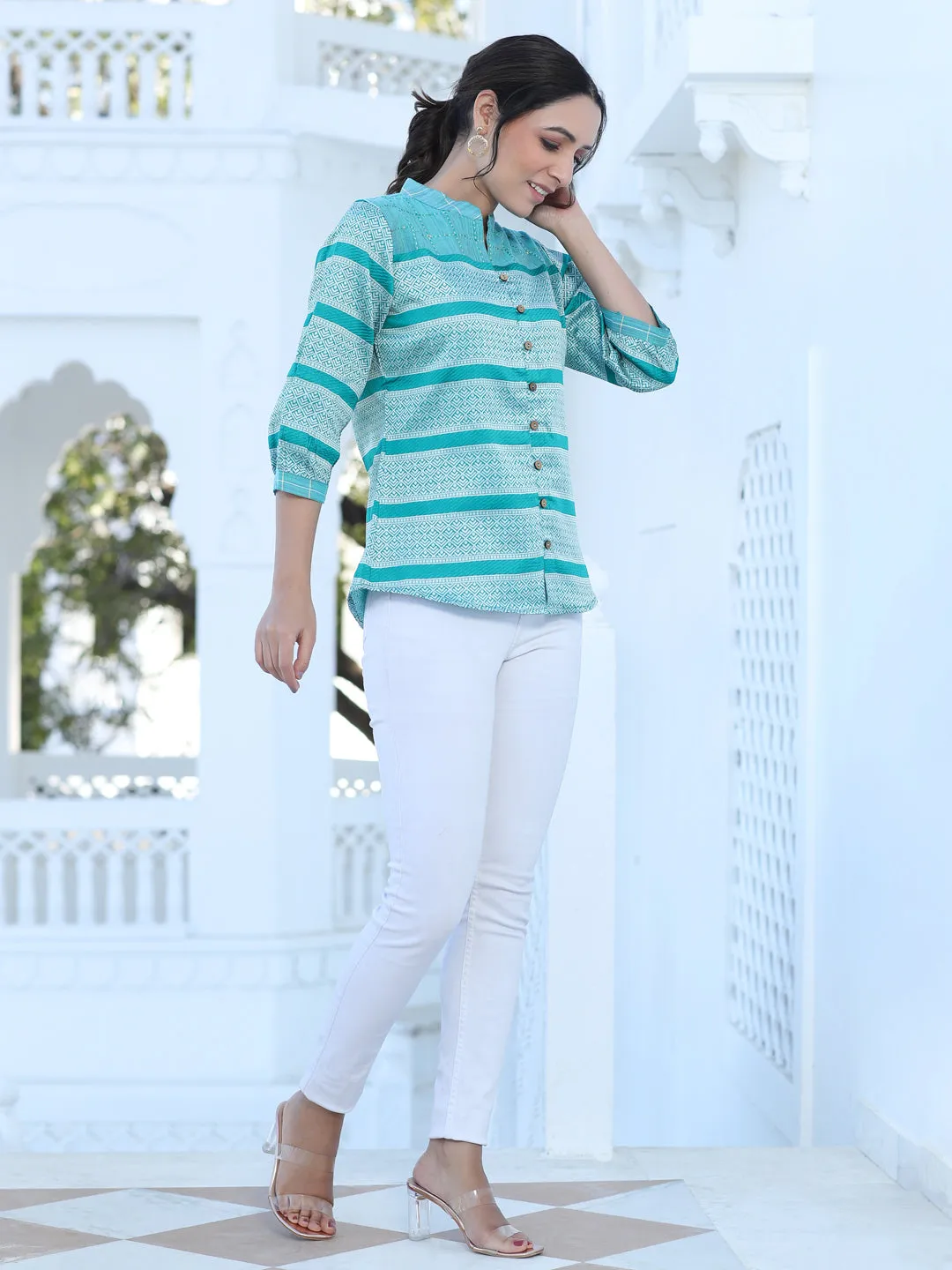 Teal Chanderi Jacquard Kantha Embroidered Shirt
