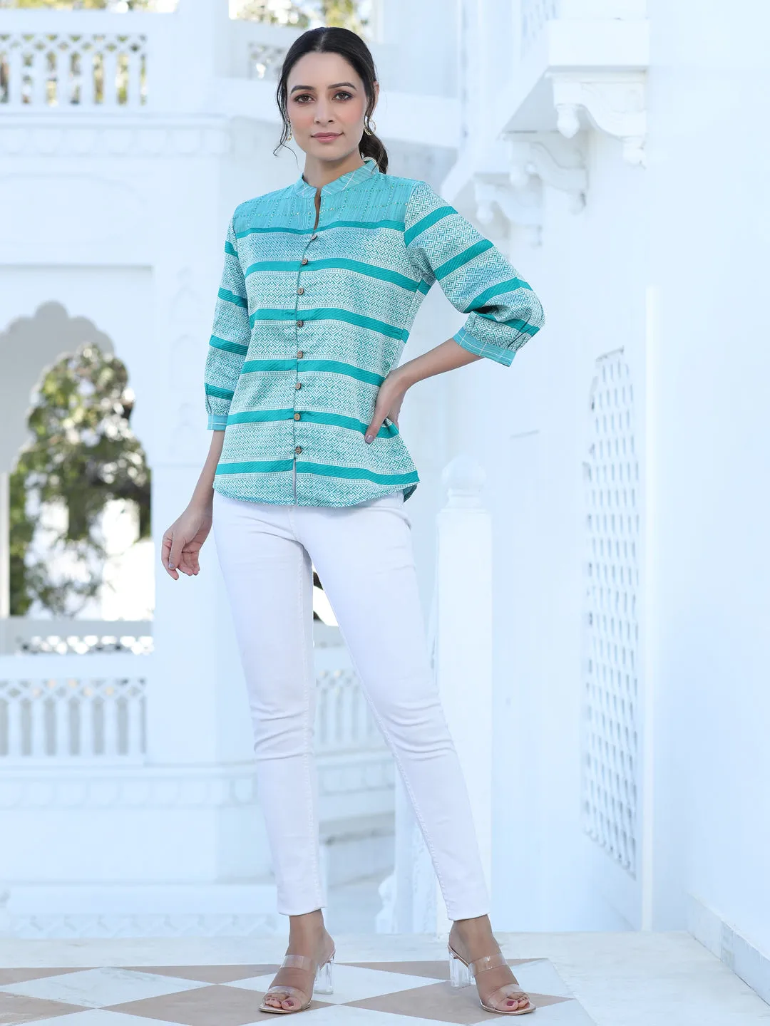 Teal Chanderi Jacquard Kantha Embroidered Shirt