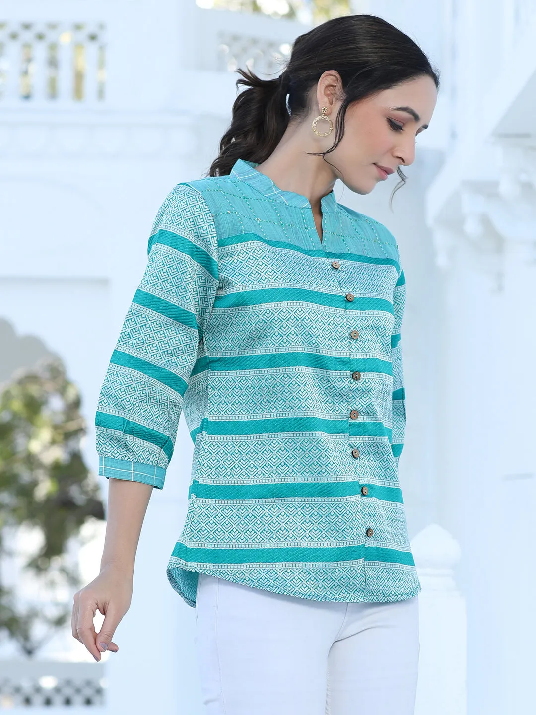 Teal Chanderi Jacquard Kantha Embroidered Shirt