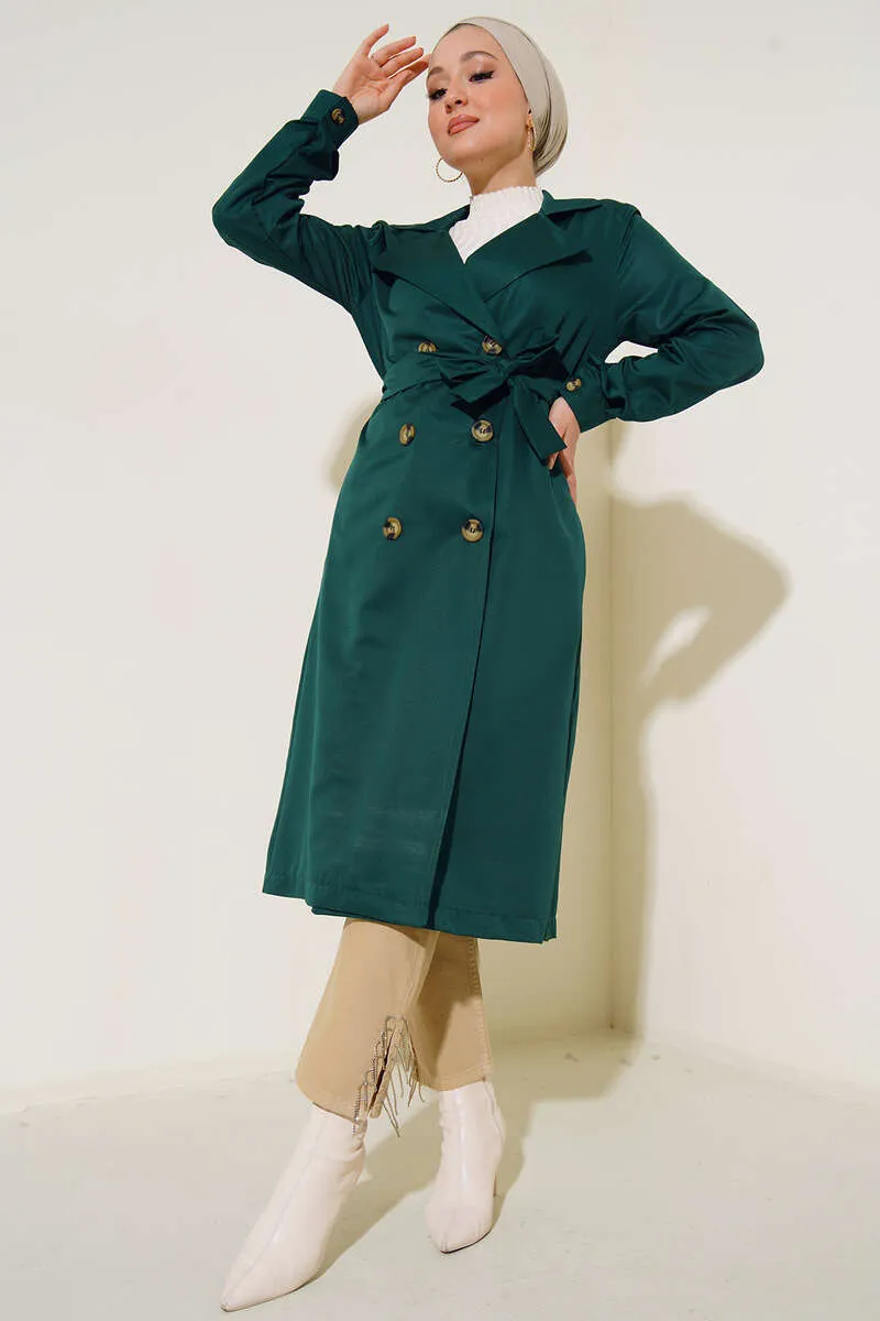 Three-Button Double-Breasted Trench Coat - Emerald