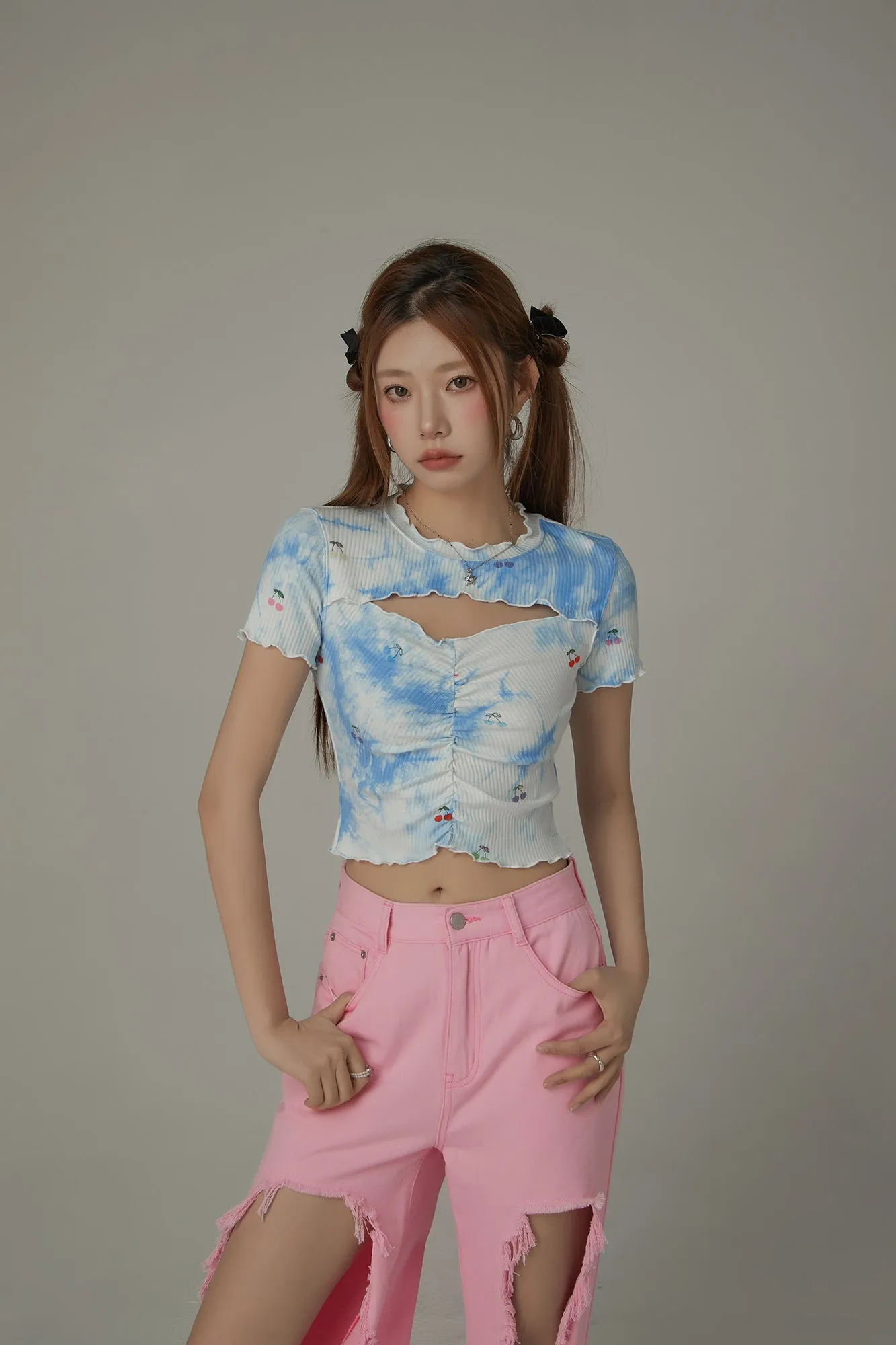 Tie-Dye Printed Cherries Key Hole Slit Crop Top