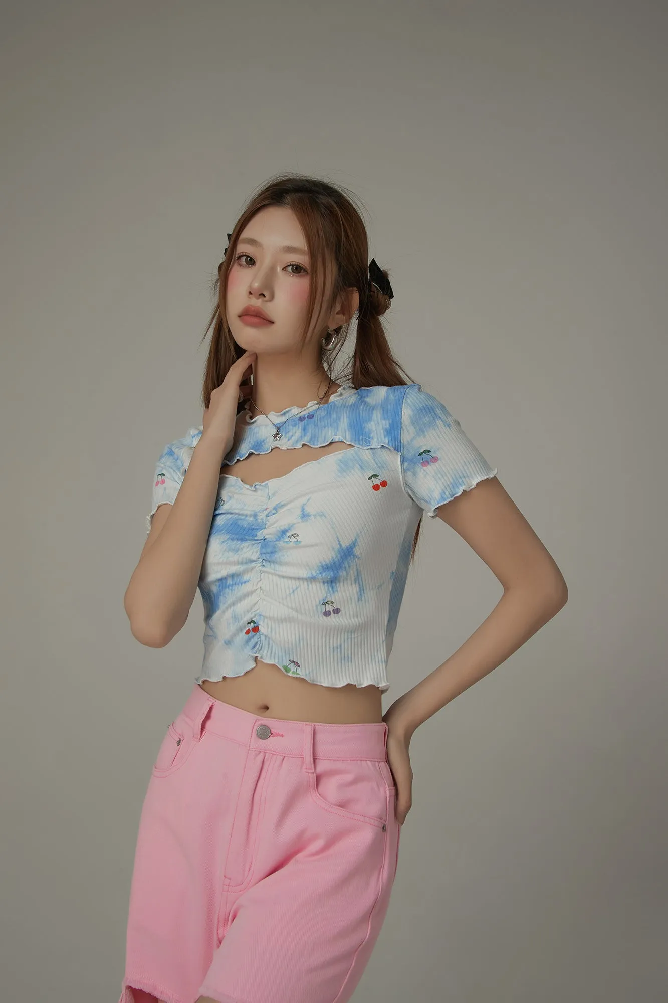 Tie-Dye Printed Cherries Key Hole Slit Crop Top