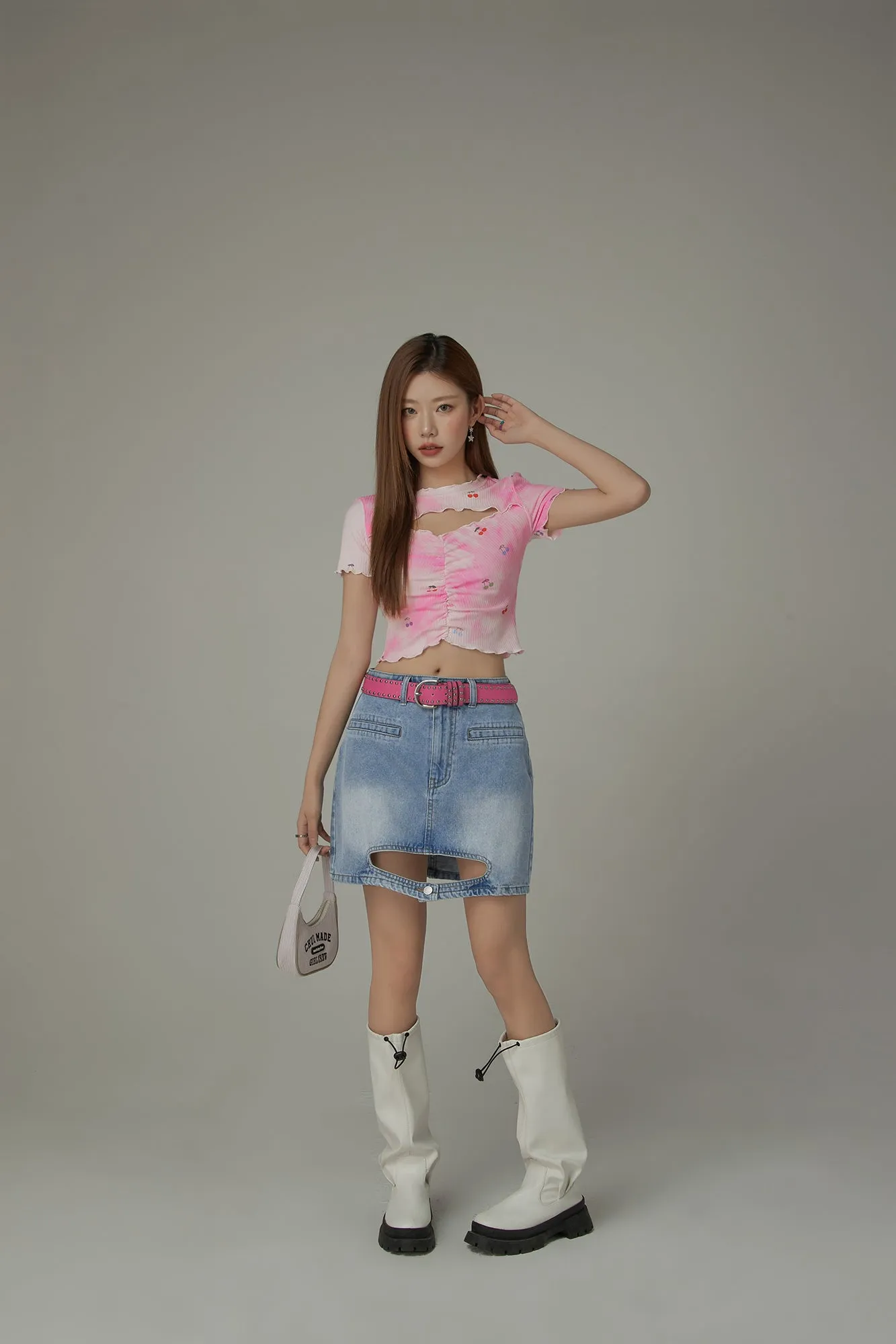 Tie-Dye Printed Cherries Key Hole Slit Crop Top