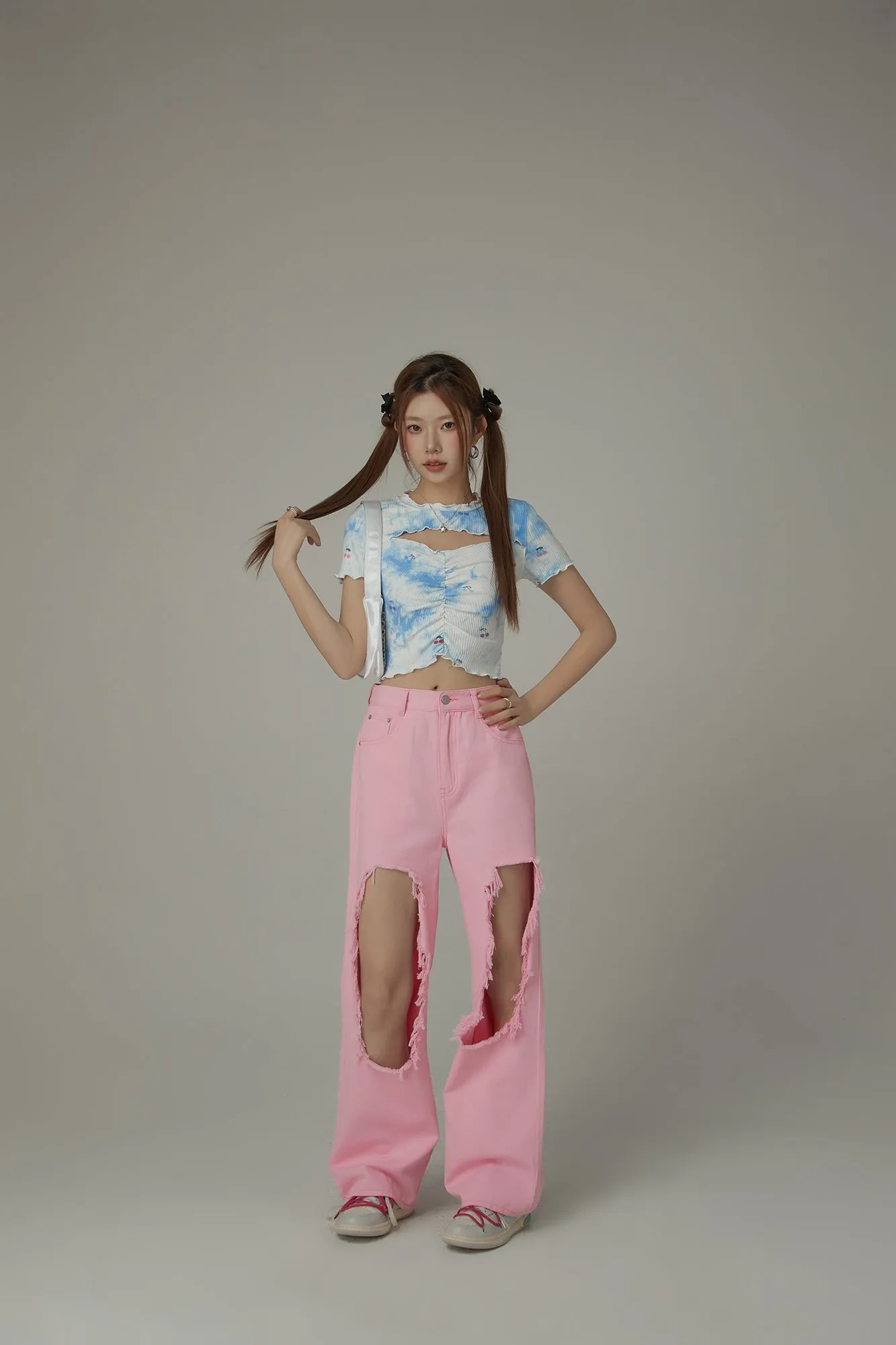 Tie-Dye Printed Cherries Key Hole Slit Crop Top