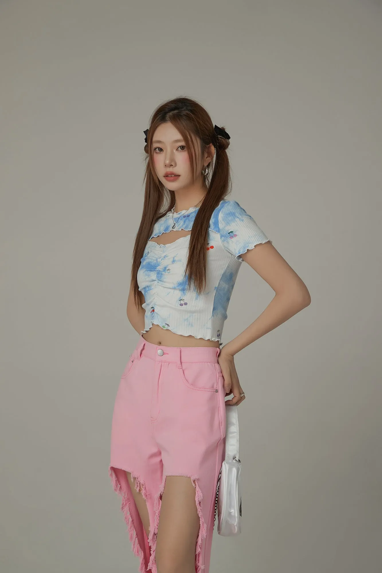 Tie-Dye Printed Cherries Key Hole Slit Crop Top