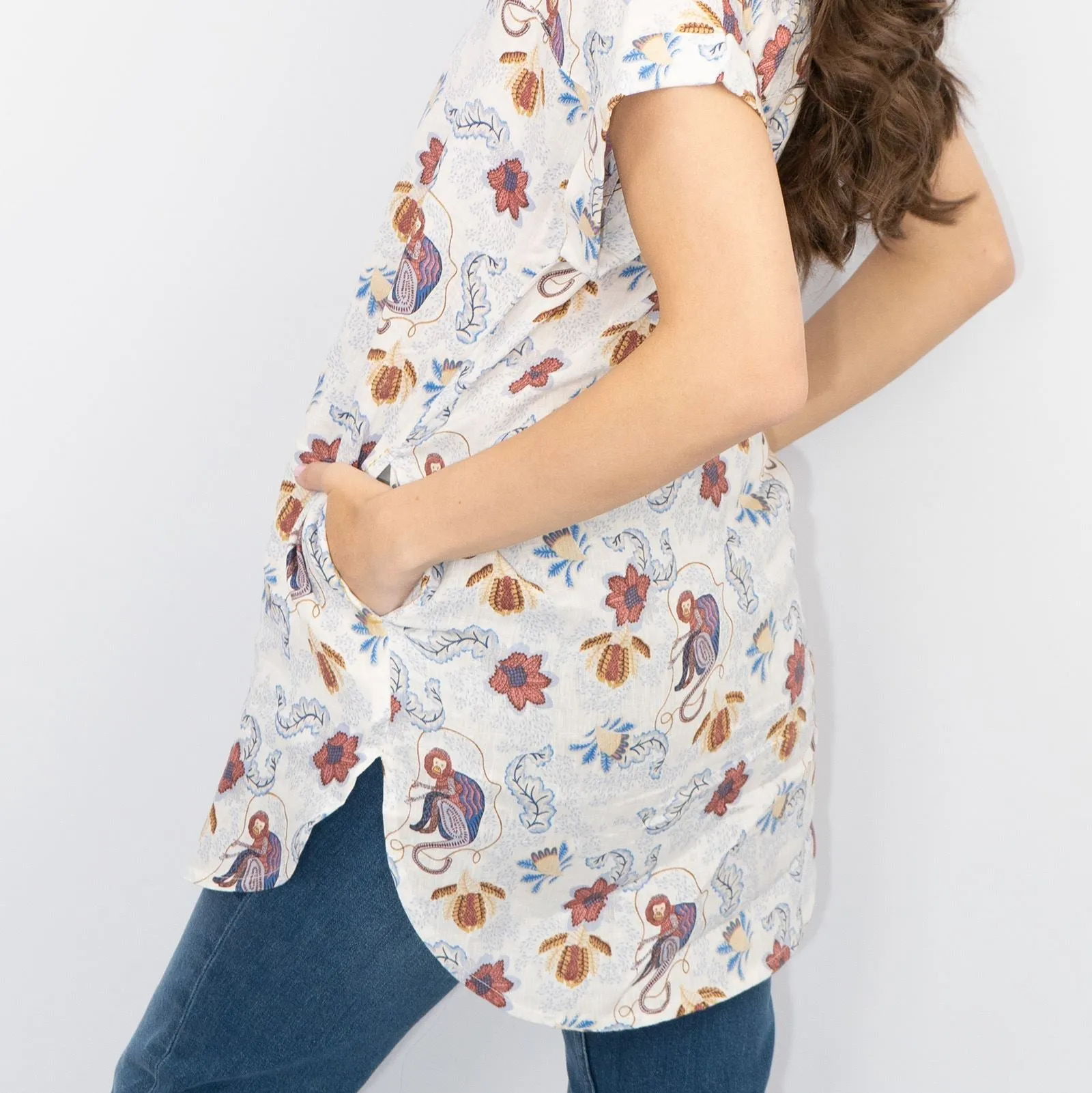 White Stuff Ivory Floral Print Billie Relaxed Linen Tunics Casual Longline Tops