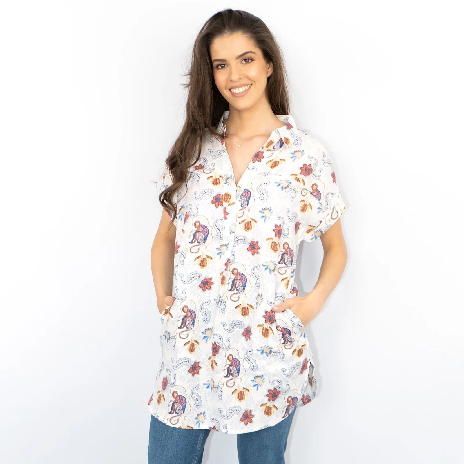 White Stuff Ivory Floral Print Billie Relaxed Linen Tunics Casual Longline Tops