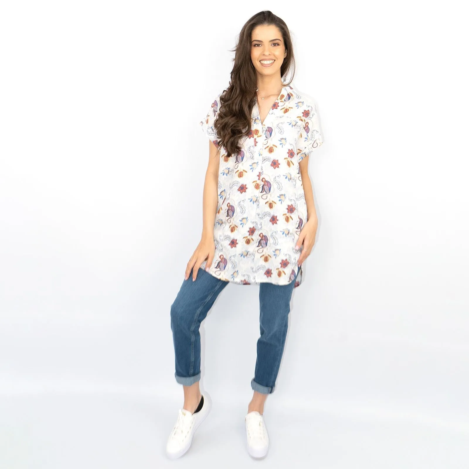 White Stuff Ivory Floral Print Billie Relaxed Linen Tunics Casual Longline Tops