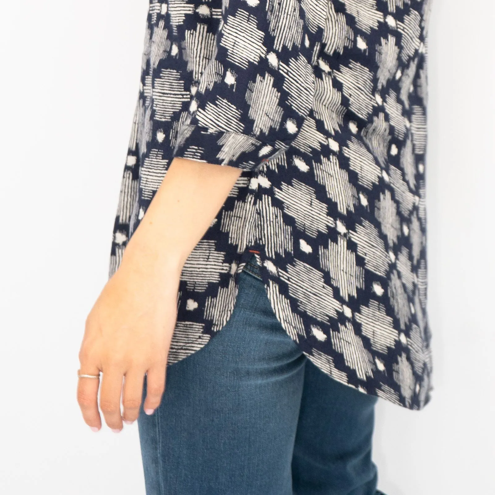 White Stuff Navy Geo Print 3/4 Sleeve Lightweight Relaxed Tunics