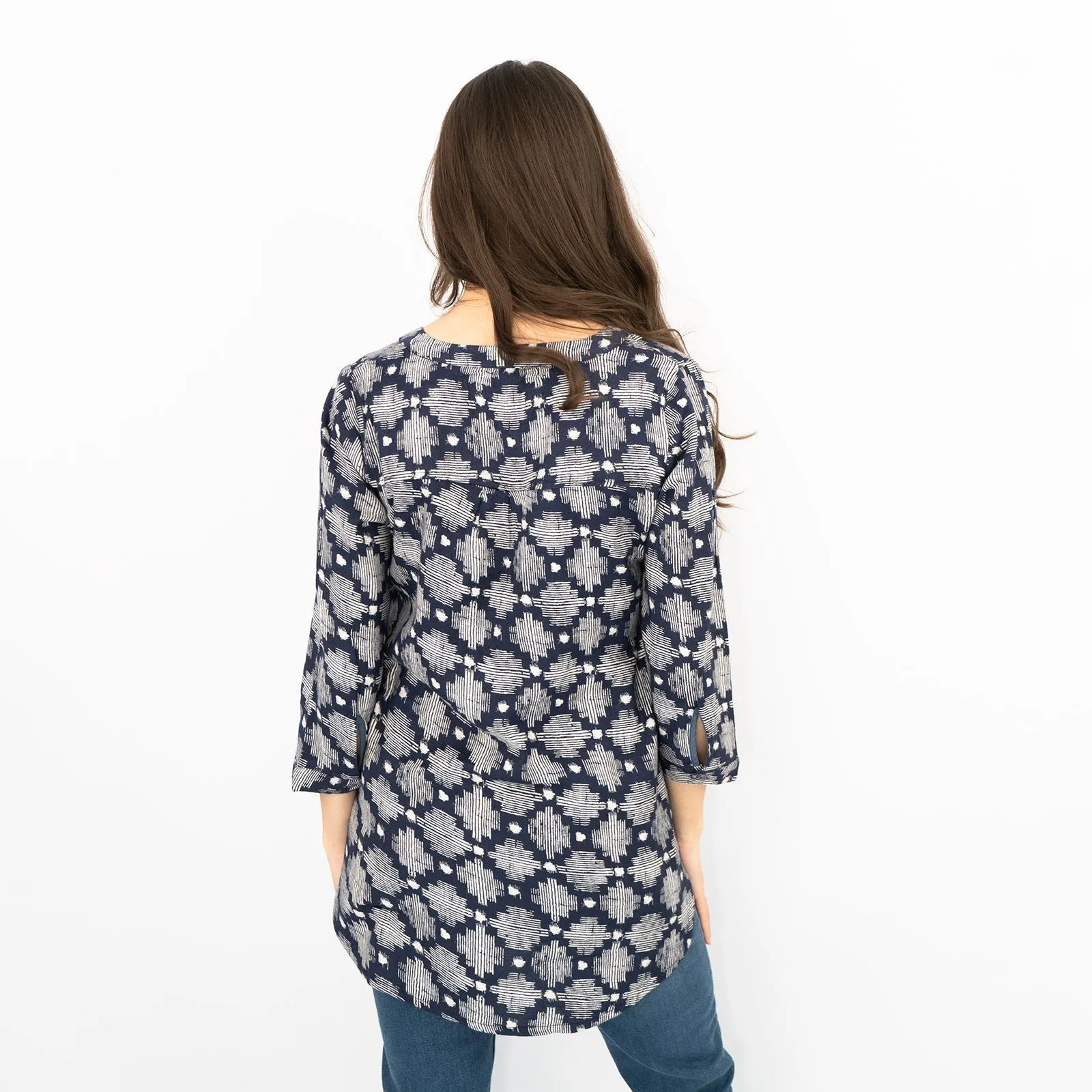 White Stuff Navy Geo Print 3/4 Sleeve Lightweight Relaxed Tunics