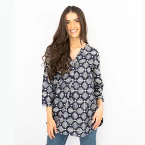 White Stuff Navy Geo Print 3/4 Sleeve Lightweight Relaxed Tunics
