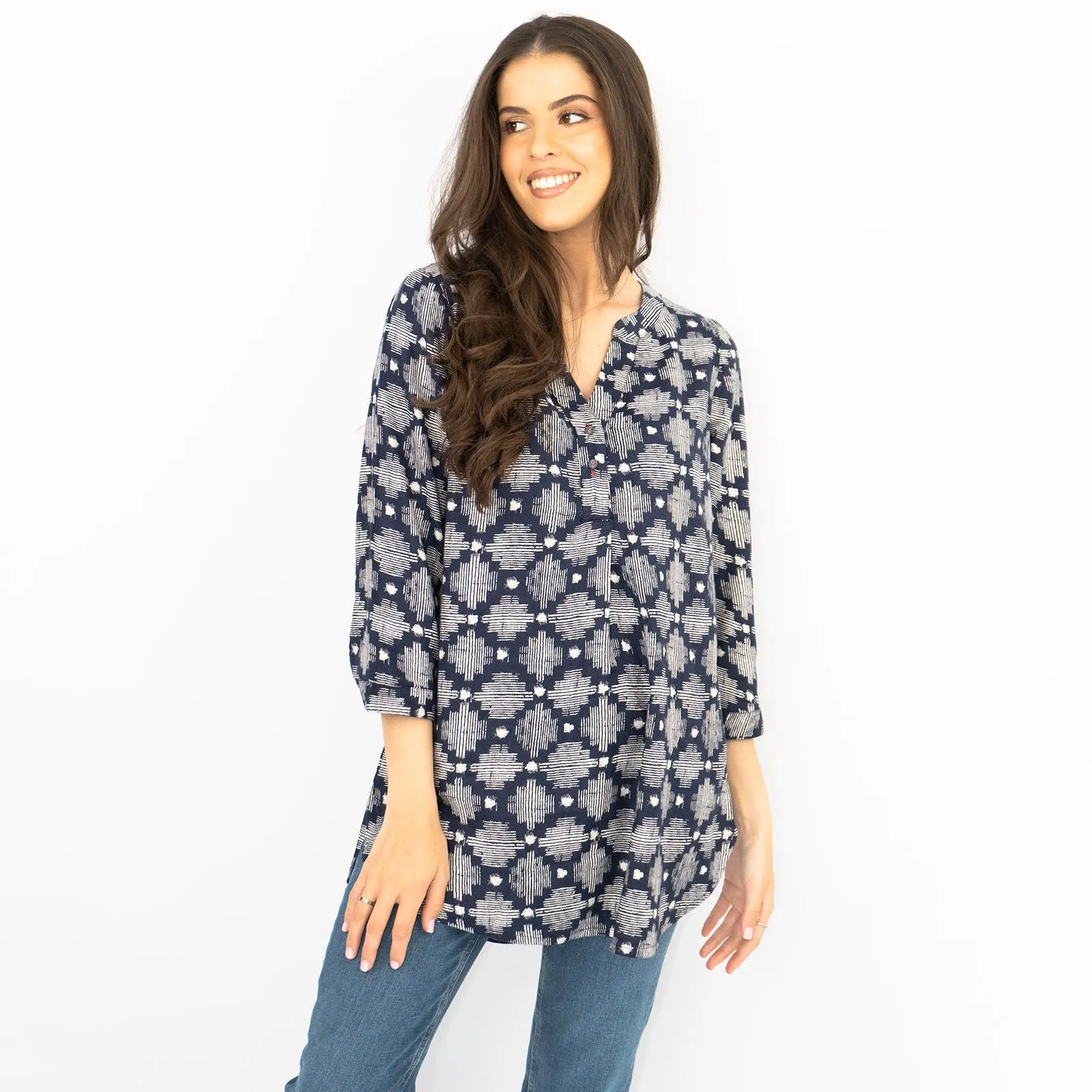 White Stuff Navy Geo Print 3/4 Sleeve Lightweight Relaxed Tunics