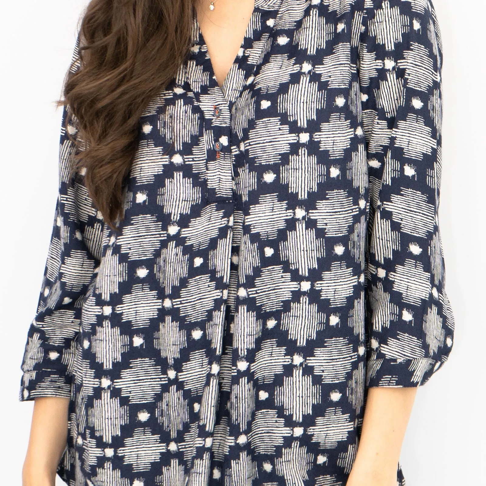 White Stuff Navy Geo Print 3/4 Sleeve Lightweight Relaxed Tunics