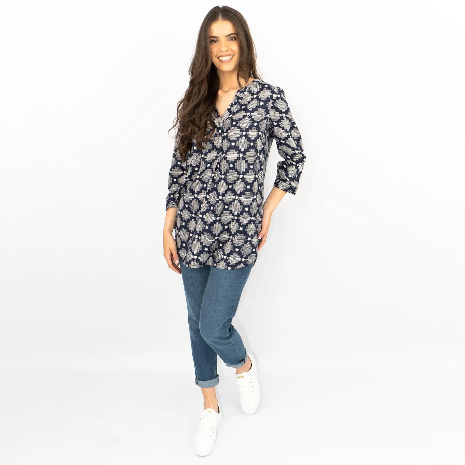 White Stuff Navy Geo Print 3/4 Sleeve Lightweight Relaxed Tunics