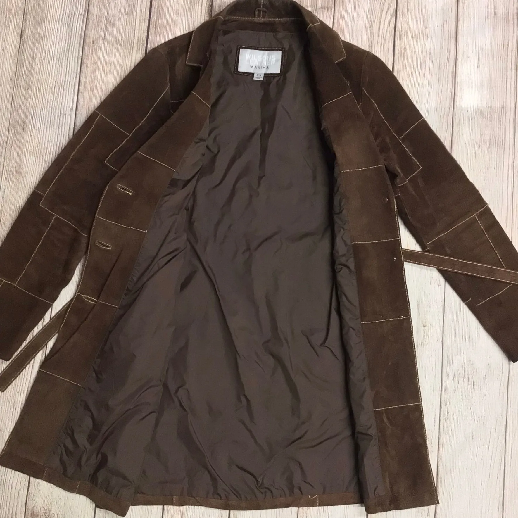 Wilson's Leather Maxima Brown Suede Patch Trench Coat w/Belt Size XS