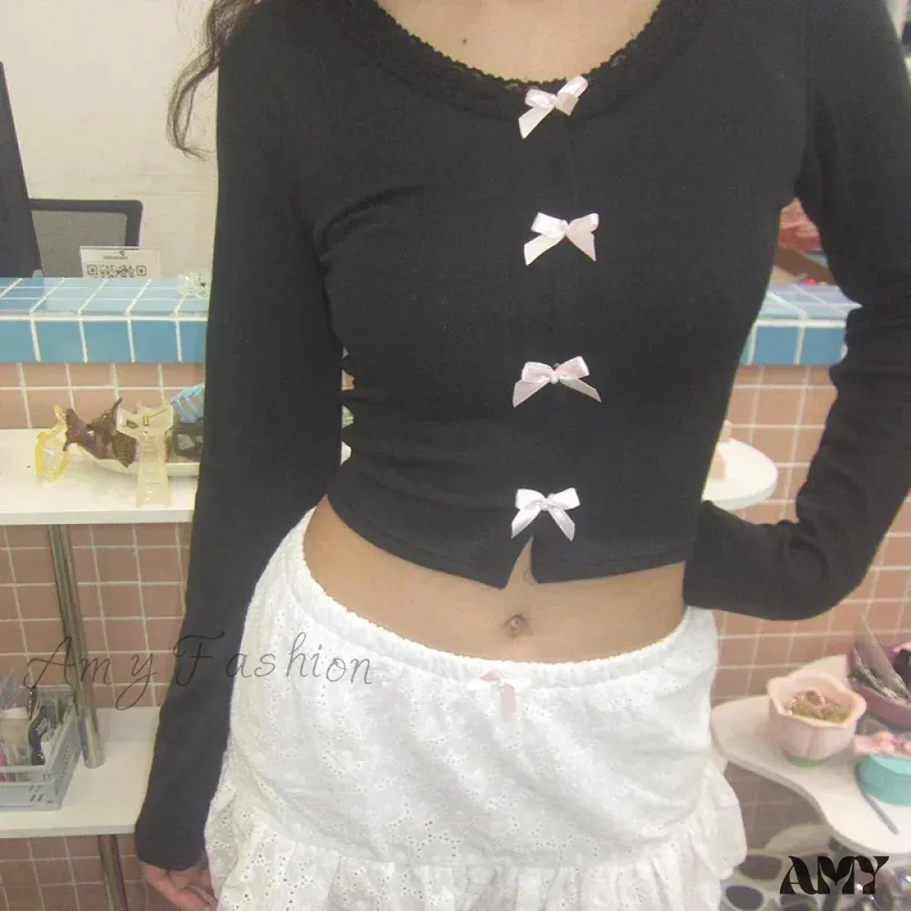 Y2K Lace Trim Kawaii Multi Cute Bow Single-breasted Solid Lolita Crop Top
